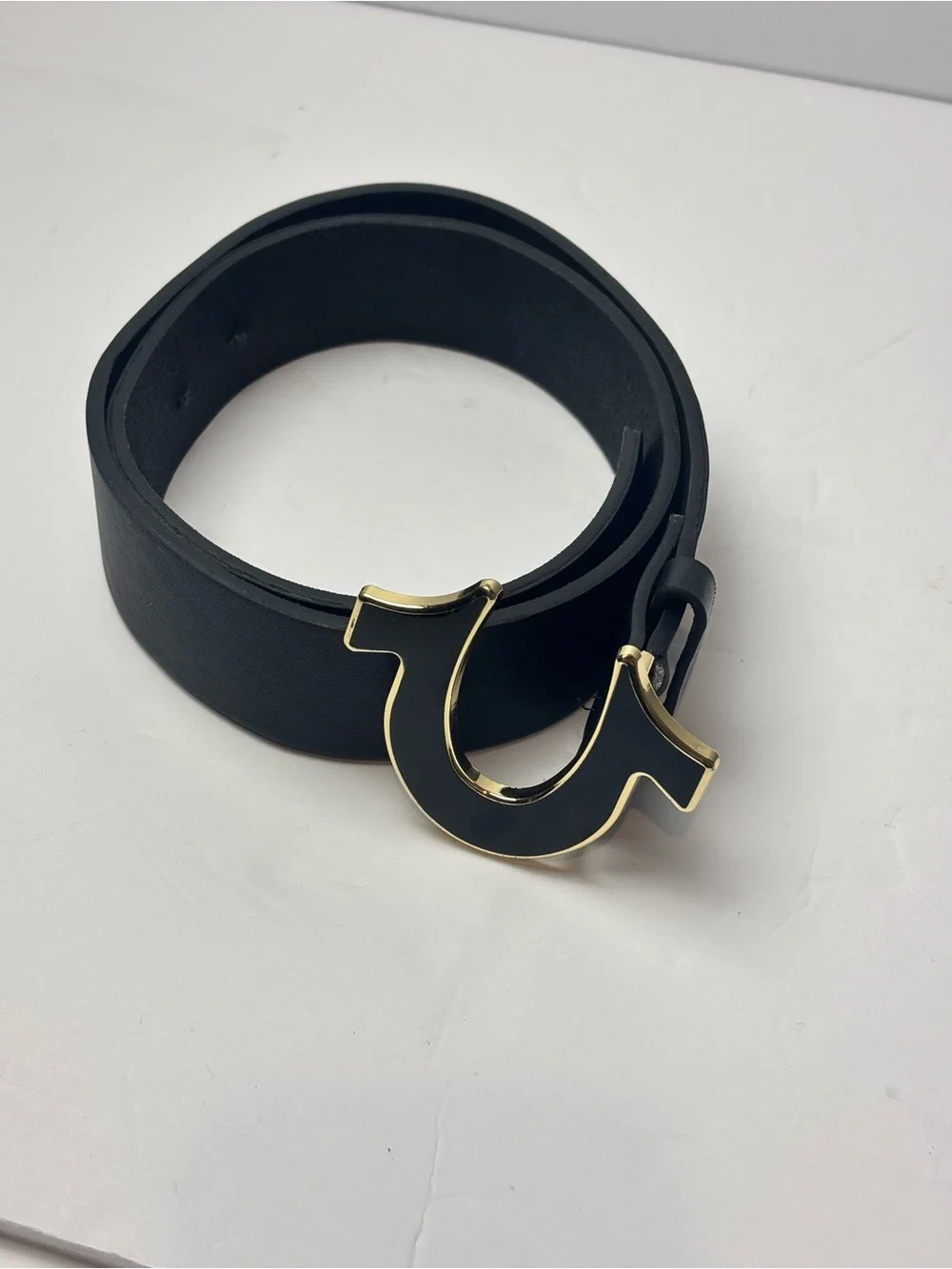 True Religion Black Leather Belt with Gold-Trim Signature Buckle